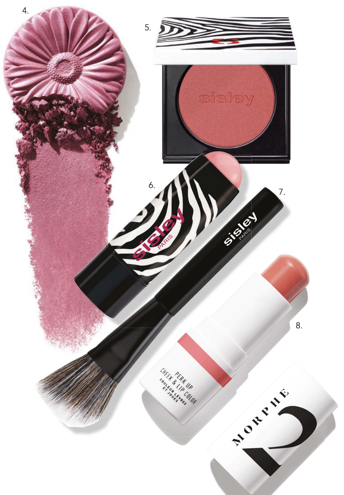 4. Clinique Cheek Pop Pearl in Garnet Pop, $42, 5. Sisley Phyto-Blush in Rosewood, $95, 6. Sisley Phyto-Blush Twist in Rose, $85, 7. Sisley Blush Brush, $80, 8. Morphe 2 PerkUp Cheek & Lip Colour in Rosy Wishes, $18